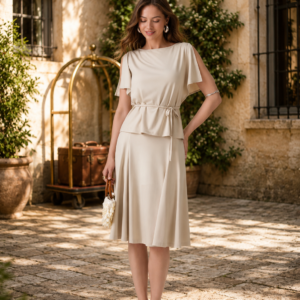 2Pcs Set Relaxed Boatneck Top & Midi Skirt with Pockets