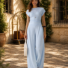 2Pcs Set Round Neck Ruched Tee & Mid Rise Wide Leg Pants