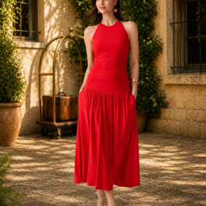 2Pcs Set Round Neck Cross-Back Bra Top & Midi Skirt with Pockets