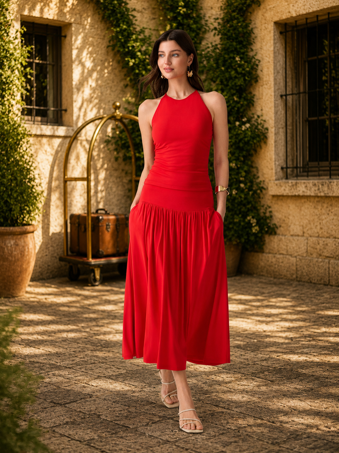 2Pcs Set Round Neck Cross-Back Bra Top & Midi Skirt with Pockets